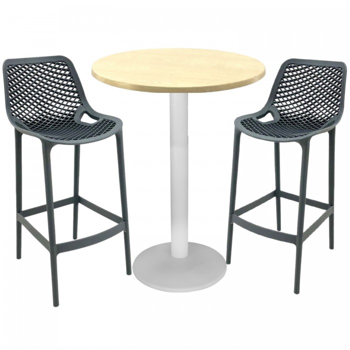 Set mobilier bar RAKI MAPLE, 2 scaune London gri si masa inalta rotunda D70xh112cm cu blat werzalit si baza metalica alba