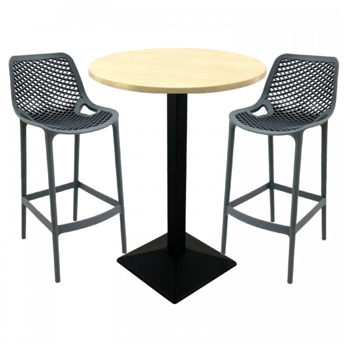 Set mobilier bar RAKI MAPLE, 2 scaune London gri si masa inalta rotunda D70xh112cm cu blat werzalit si baza metalica neagra