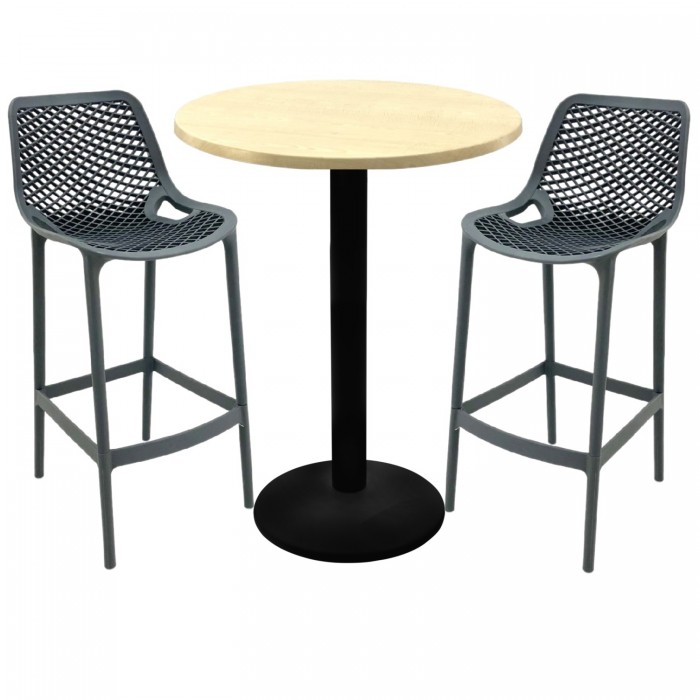 Set mobilier bar RAKI MAPLE, 2 scaune London gri si masa inalta rotunda D70xh112cm cu blat werzalit si picior metalic negru