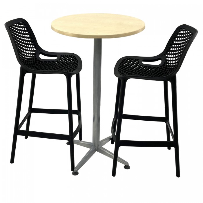 Set mobilier bar RAKI MAPLE, 2 scaune London negre si masa inalta rotunda D60xh107cm cu blat werzalit si picior metalic clasic