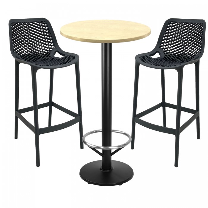 Set mobilier bar RAKI MAPLE, 2 scaune London negre si masa inalta rotunda D60xh112cm cu blat werzalit si baza neagra metalica
