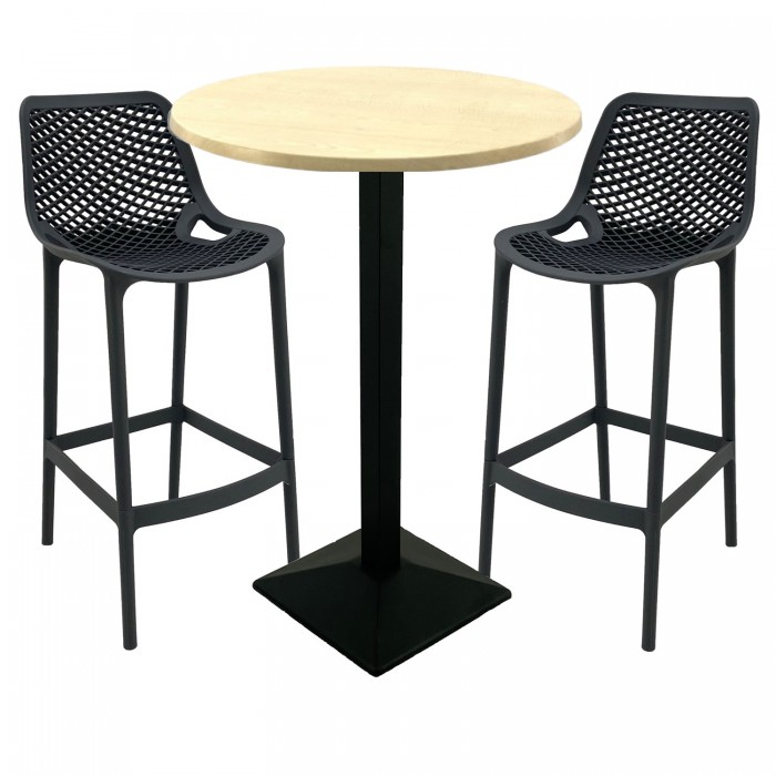 Set mobilier bar RAKI MAPLE, 2 scaune London negre si masa inalta rotunda D70xh112cm cu blat werzalit si baza metalica neagra