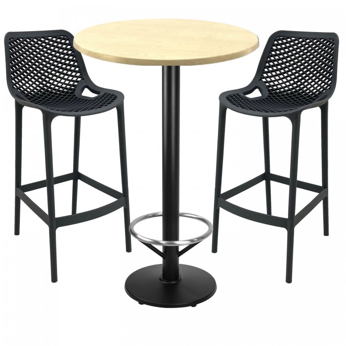 Set mobilier bar RAKI MAPLE, 2 scaune London negre si masa inalta rotunda D70xh112cm cu blat werzalit si baza neagra metalica