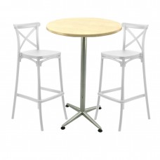 Set mobilier bar RAKI MAPLE, 2 scaune Ravena albe si masa inalta rotunda D70xh107cm cu blat werzalit si picior metalic clasic