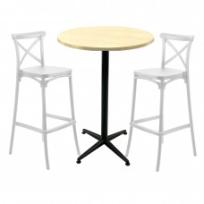 Set mobilier bar RAKI MAPLE, 2 scaune Ravena albe si masa inalta rotunda D70xh107cm cu blat werzalit si picior metalic negru
