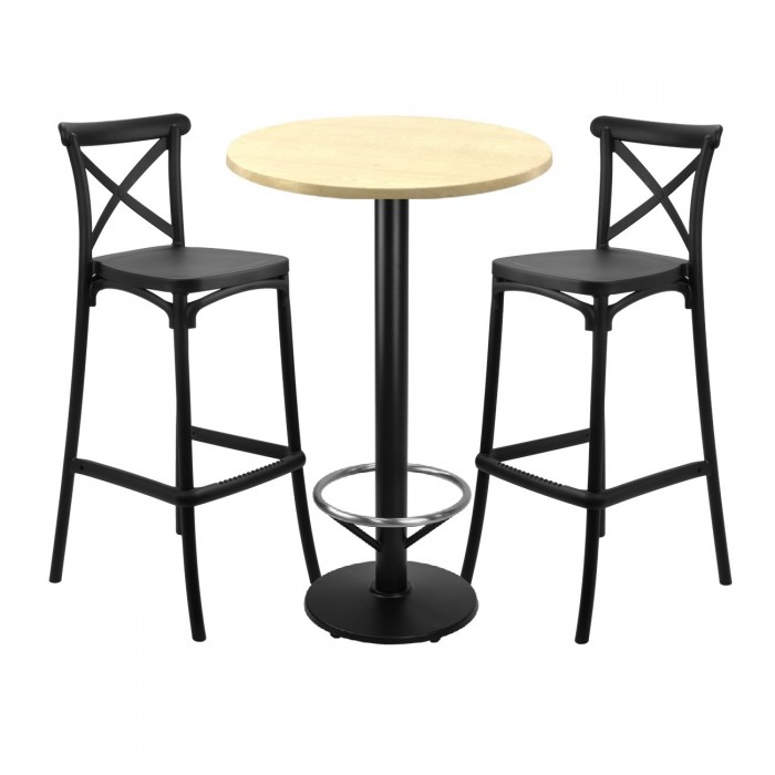 Set mobilier bar RAKI MAPLE, 2 scaune Ravena negre si masa inalta rotunda D60xh112cm cu blat werzalit si baza neagra metalica