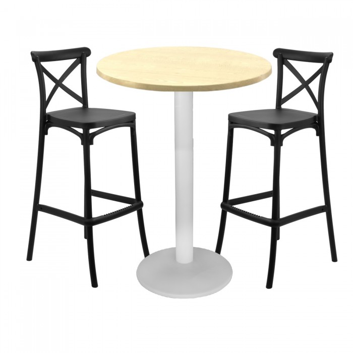 Set mobilier bar RAKI MAPLE, 2 scaune Ravena negre si masa inalta rotunda D70xh112cm cu blat werzalit si baza metalica alba