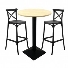 Set mobilier bar RAKI MAPLE, 2 scaune Ravena negre si masa inalta rotunda D70xh112cm cu blat werzalit si baza metalica neagra