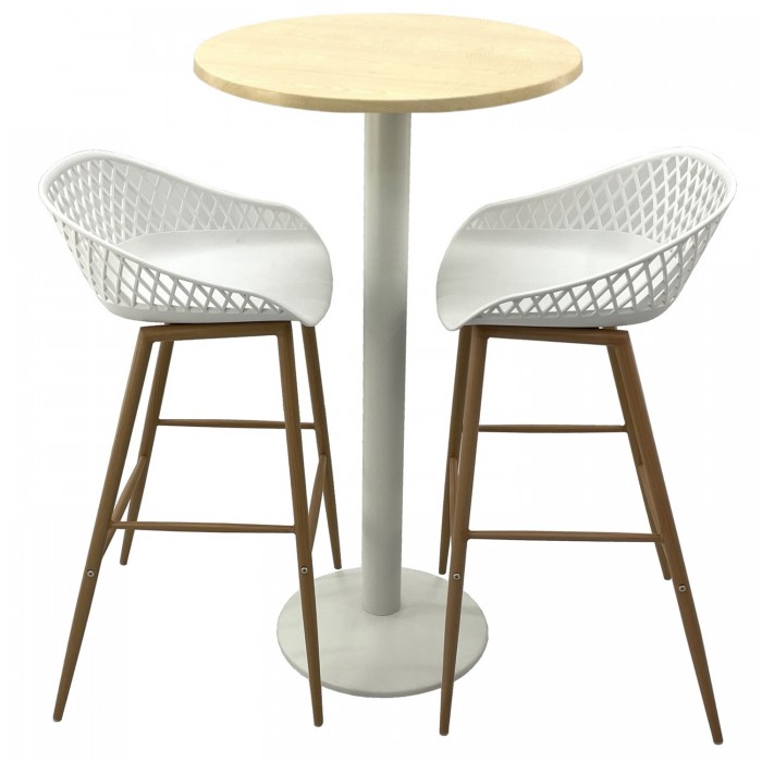 Set mobilier bar RAKI MAPLE, 2 scaune Toyama albe si masa inalta rotunda D60xh112cm cu blat werzalit si baza metalica alba