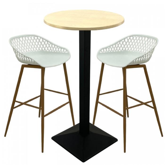 Set mobilier bar RAKI MAPLE, 2 scaune Toyama albe si masa inalta rotunda D60xh112cm cu blat werzalit si baza metalica neagra