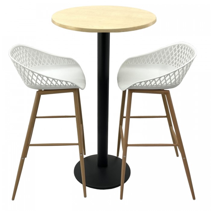 Set mobilier bar RAKI MAPLE, 2 scaune Toyama albe si masa inalta rotunda D60xh112cm cu blat werzalit si picior metalic negru