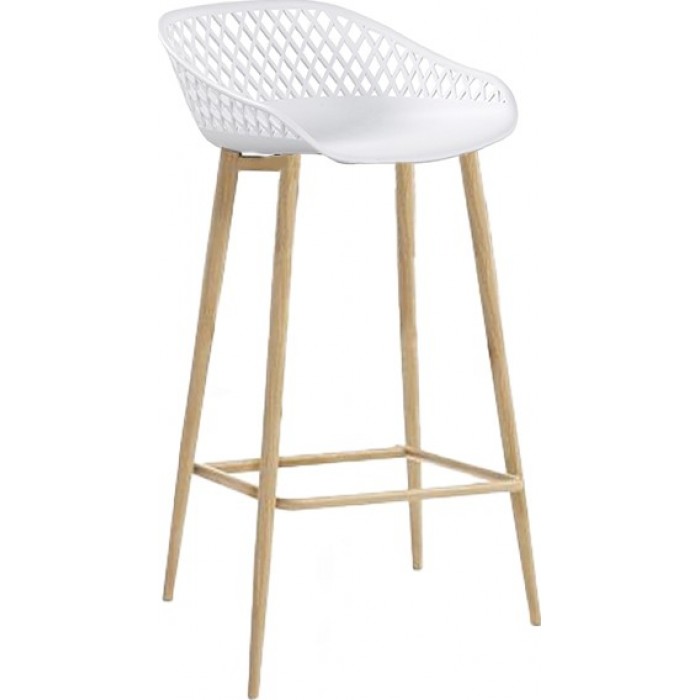 Set mobilier bar RAKI MAPLE, 2 scaune Toyama albe si masa inalta rotunda D70xh112cm cu blat werzalit si baza neagra metalica