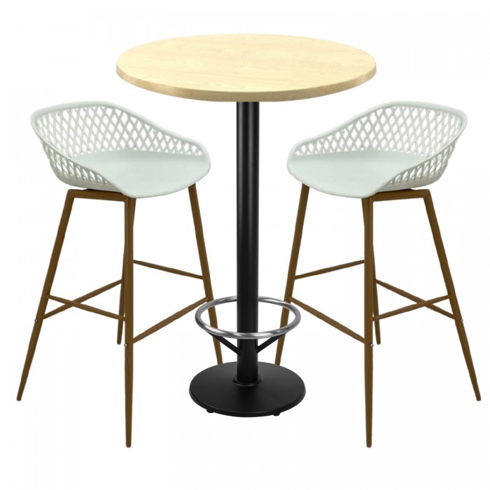 Set mobilier bar RAKI MAPLE, 2 scaune Toyama albe si masa inalta rotunda D70xh112cm cu blat werzalit si baza neagra metalica