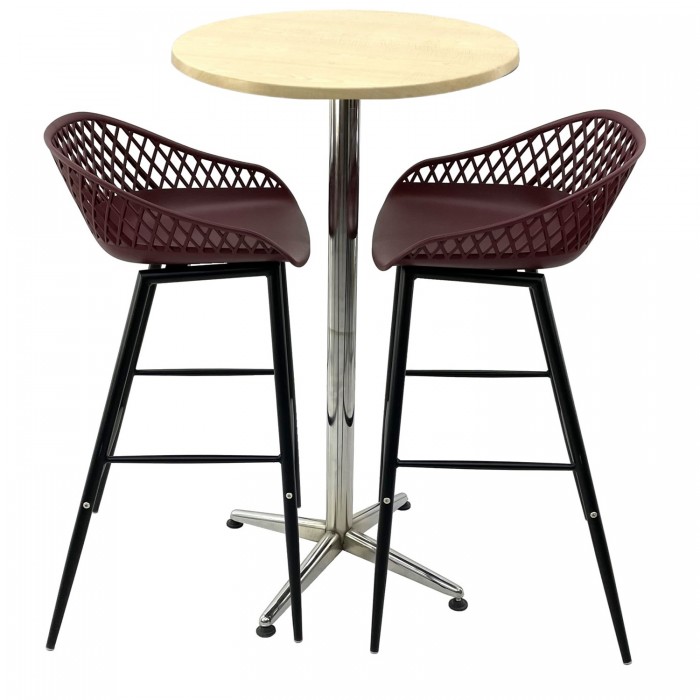 Set mobilier bar RAKI MAPLE, 2 scaune Toyama mov si masa inalta rotunda D60xh107cm cu blat werzalit si picior metalic cromat