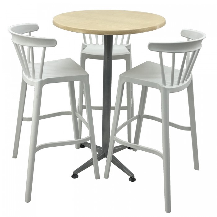 Set mobilier bar RAKI MAPLE, 3 scaune Aspen albe si masa inalta rotunda D70xh107cm cu blat werzalit si picior metalic clasic