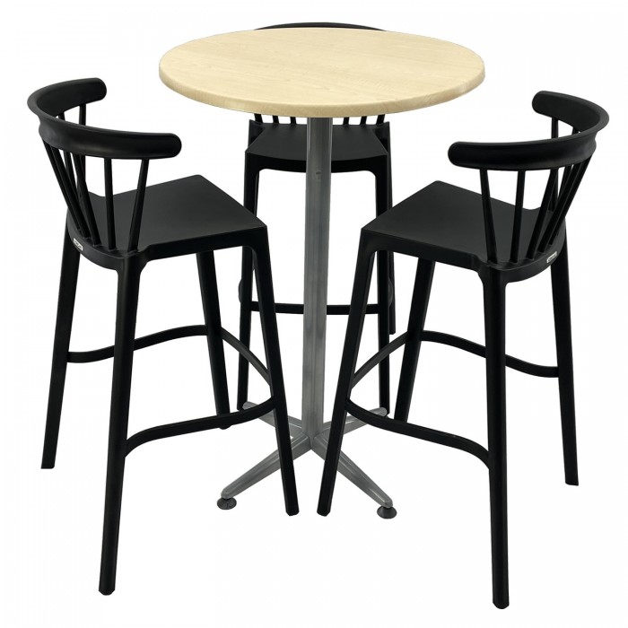 Set mobilier bar RAKI MAPLE, 3 scaune Aspen negre si masa inalta rotunda D70xh107cm cu blat werzalit si picior metalic clasic