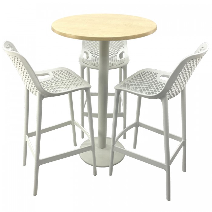 Set mobilier bar RAKI MAPLE, 3 scaune London albe si masa inalta rotunda D70xh112cm cu blat werzalit si baza metalica alba