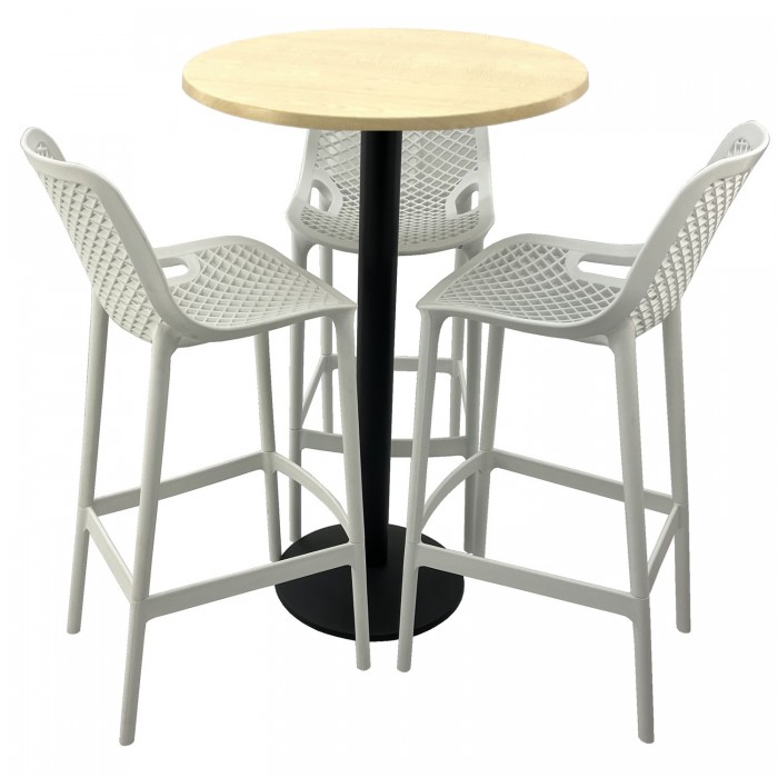 Set mobilier bar RAKI MAPLE, 3 scaune London albe si masa inalta rotunda D70xh112cm cu blat werzalit si picior metalic negru