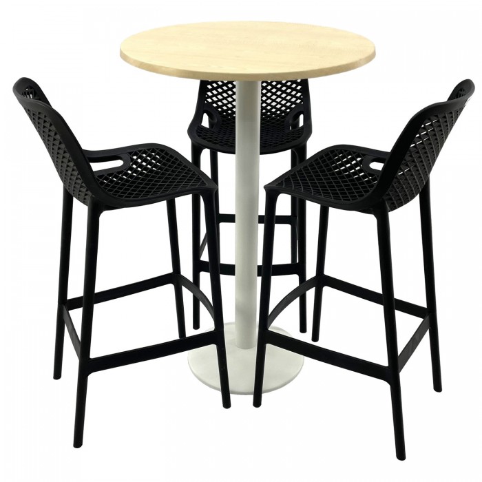 Set mobilier bar RAKI MAPLE, 3 scaune London negre si masa inalta rotunda D70xh112cm cu blat werzalit si baza metalica alba