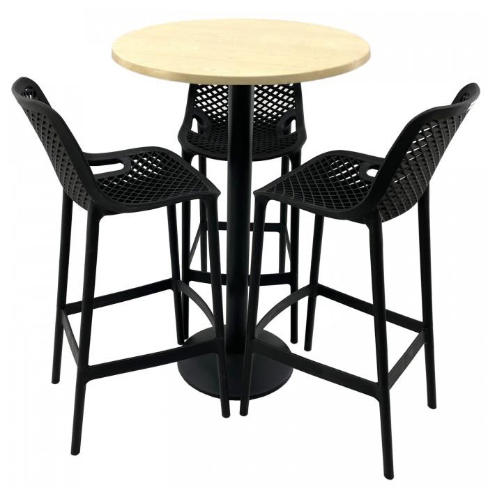 Set mobilier bar RAKI MAPLE, 3 scaune London negre si masa inalta rotunda D70xh112cm cu blat werzalit si picior metalic negru