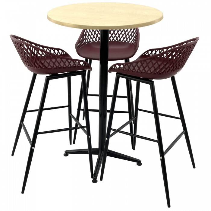Set mobilier bar RAKI MAPLE, 3 scaune Toyama mov si masa inalta rotunda D70xh107cm cu blat werzalit si picior metalic negru