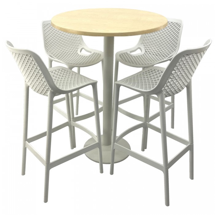 Set mobilier bar RAKI MAPLE, 4 scaune London albe si masa inalta rotunda D80xh112cm cu blat werzalit si baza metalica alba