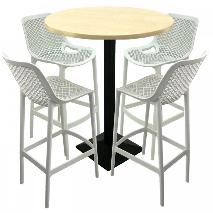 Set mobilier bar RAKI MAPLE, 4 scaune London albe si masa inalta rotunda D80xh112cm cu blat werzalit si baza metalica neagra