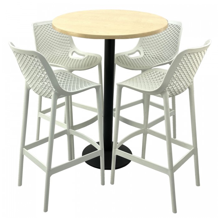 Set mobilier bar RAKI MAPLE, 4 scaune London albe si masa inalta rotunda D80xh112cm cu blat werzalit si picior metalic negru
