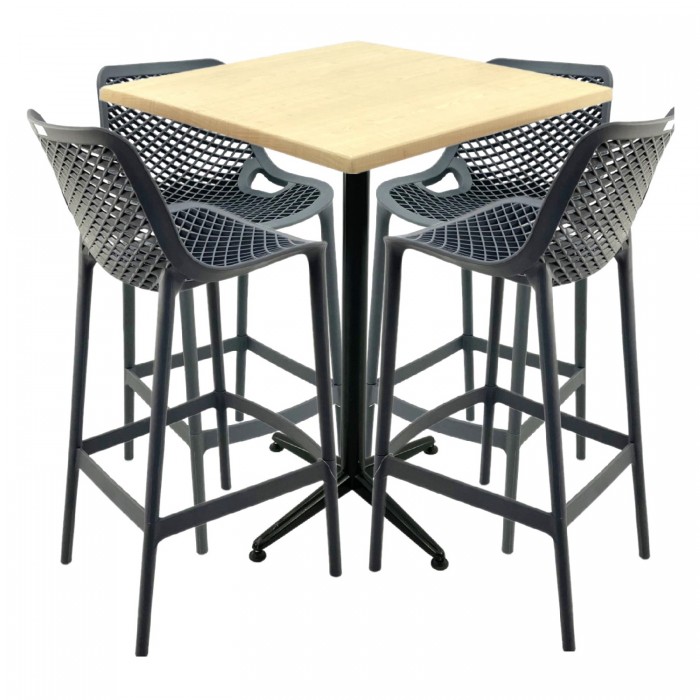 Set mobilier bar RAKI MAPLE, 4 scaune London gri si masa inalta patrata 80x80xh107cm cu blat werzalit si picior metalic negru