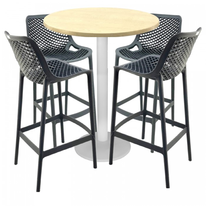 Set mobilier bar RAKI MAPLE, 4 scaune London gri si masa inalta rotunda D80xh112cm cu blat werzalit si baza metalica alba
