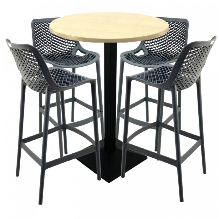 Set mobilier bar RAKI MAPLE, 4 scaune London gri si masa inalta rotunda D80xh112cm cu blat werzalit si baza metalica neagra