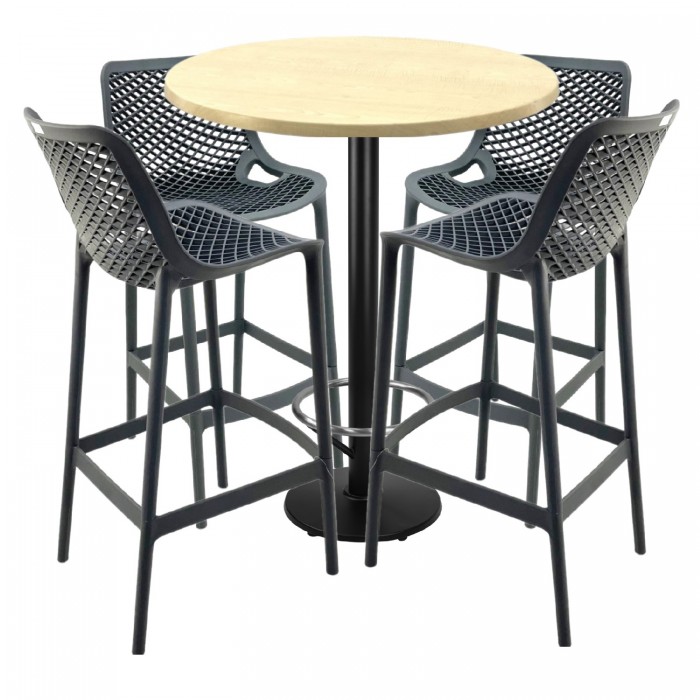 Set mobilier bar RAKI MAPLE, 4 scaune London gri si masa inalta rotunda D80xh112cm cu blat werzalit si baza neagra metalica
