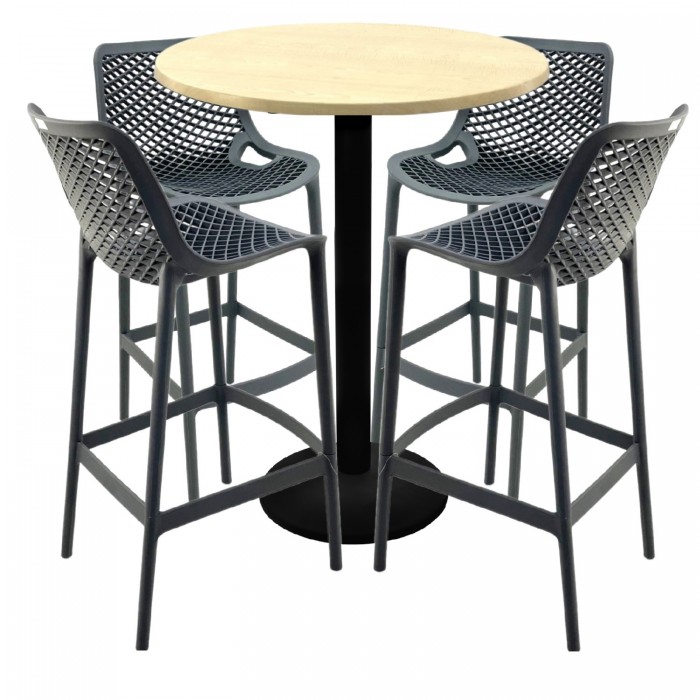 Set mobilier bar RAKI MAPLE, 4 scaune London gri si masa inalta rotunda D80xh112cm cu blat werzalit si picior metalic negru