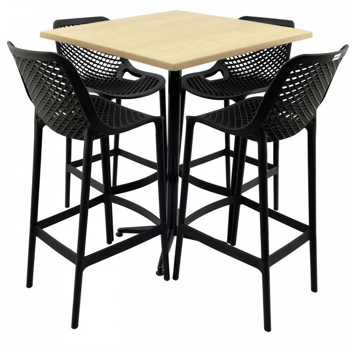 Set mobilier bar RAKI MAPLE, 4 scaune London negre si masa inalta patrata 80x80xh107cm cu blat werzalit si picior metalic negru