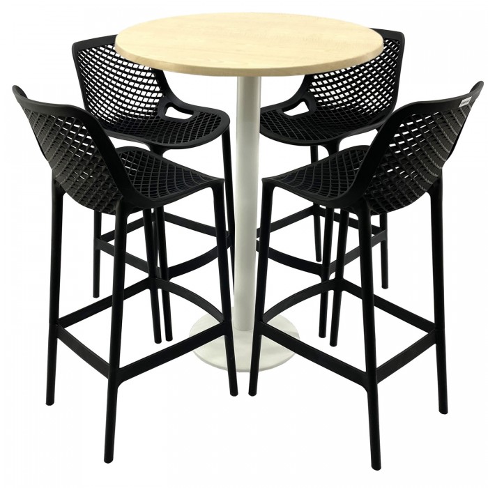 Set mobilier bar RAKI MAPLE, 4 scaune London negre si masa inalta rotunda D80xh112cm cu blat werzalit si baza metalica alba