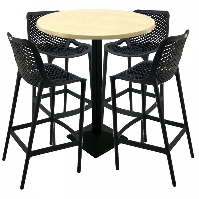 Set mobilier bar RAKI MAPLE, 4 scaune London negre si masa inalta rotunda D80xh112cm cu blat werzalit si baza metalica neagra