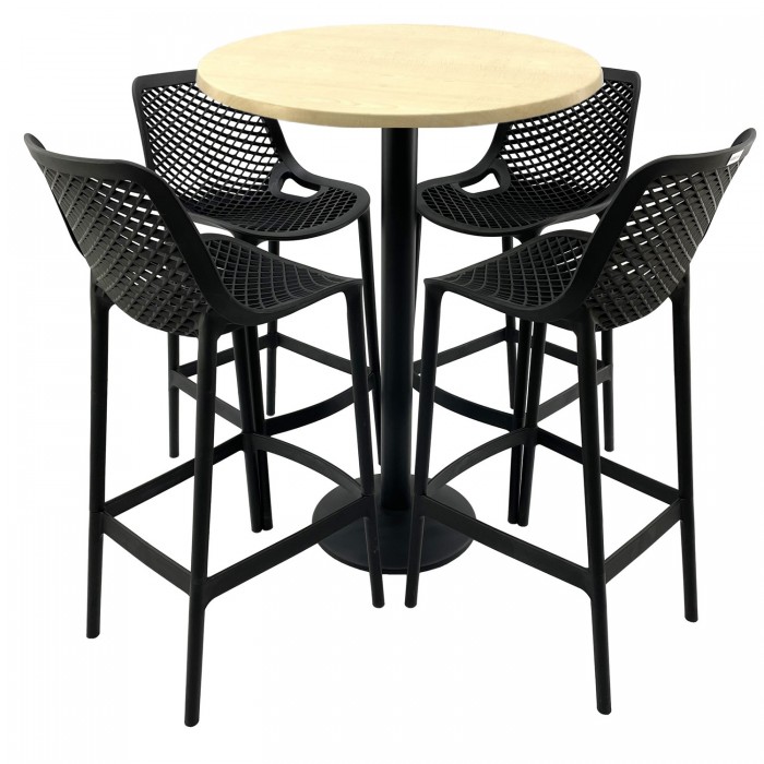 Set mobilier bar RAKI MAPLE, 4 scaune London negre si masa inalta rotunda D80xh112cm cu blat werzalit si picior metalic negru