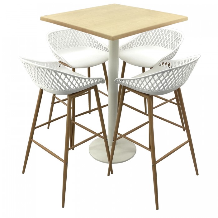 Set mobilier bar RAKI MAPLE, 4 scaune Toyama albe si masa inalta patrata 70x70xh112cm cu blat werzalit si baza metalica alba