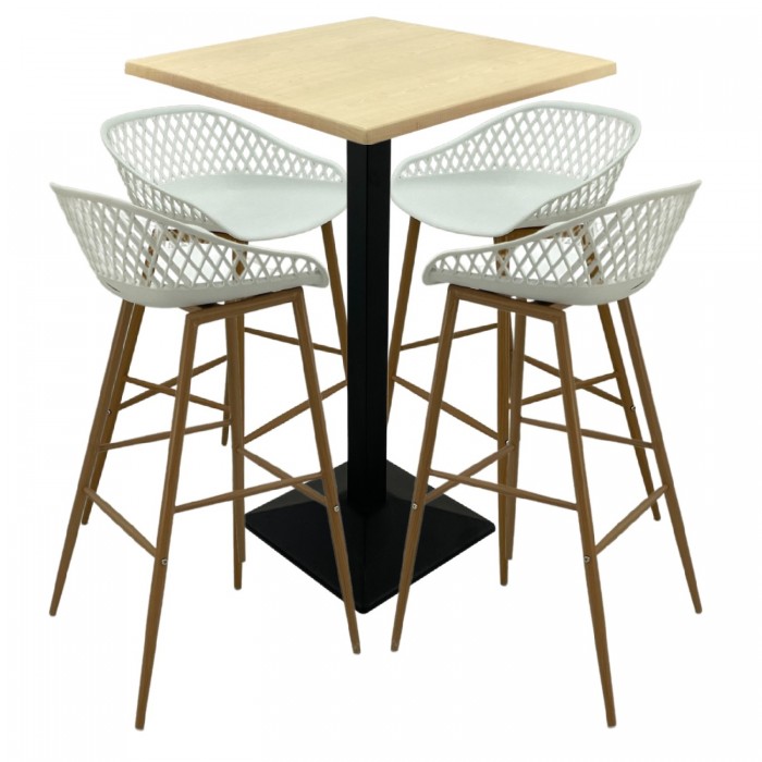 Set mobilier bar RAKI MAPLE, 4 scaune Toyama albe si masa inalta patrata 70x70xh112cm cu blat werzalit si baza metalica neagra