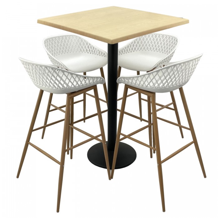 Set mobilier bar RAKI MAPLE, 4 scaune Toyama albe si masa inalta patrata 70x70xh112cm cu blat werzalit si picior metalic negru