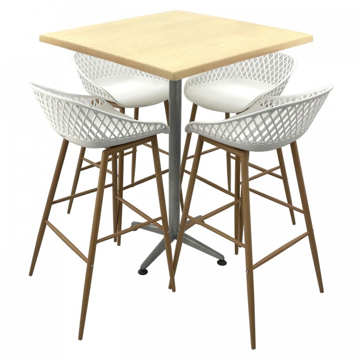 Set mobilier bar RAKI MAPLE, 4 scaune Toyama albe si masa inalta patrata 80x80xh107cm cu blat werzalit si picior metalic clasic