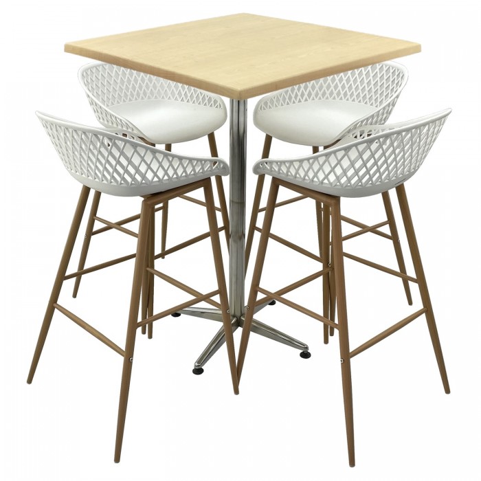 Set mobilier bar RAKI MAPLE, 4 scaune Toyama albe si masa inalta patrata 80x80xh107cm cu blat werzalit si picior metalic cromat
