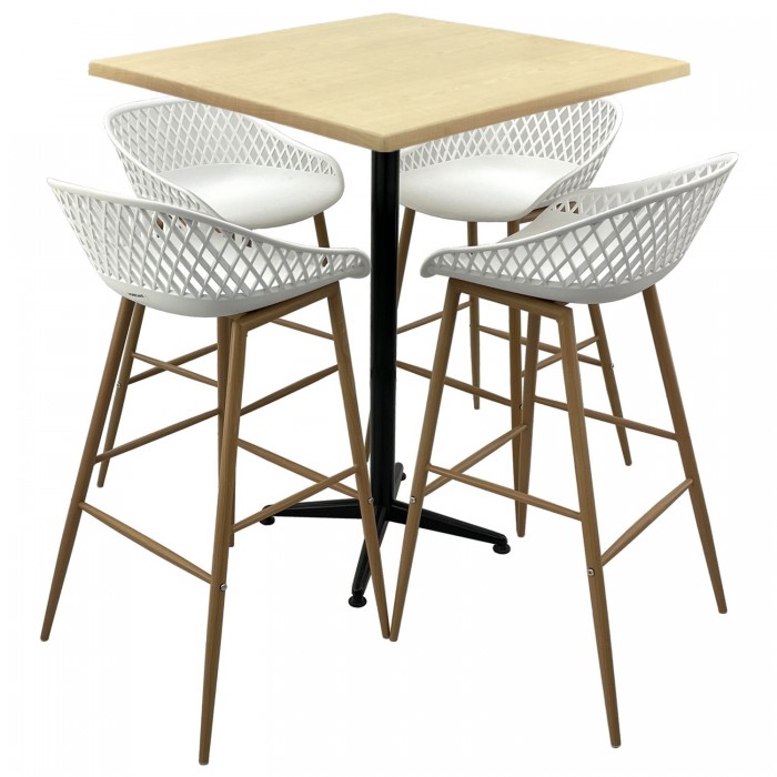 Set mobilier bar RAKI MAPLE, 4 scaune Toyama albe si masa inalta patrata 80x80xh107cm cu blat werzalit si picior metalic negru