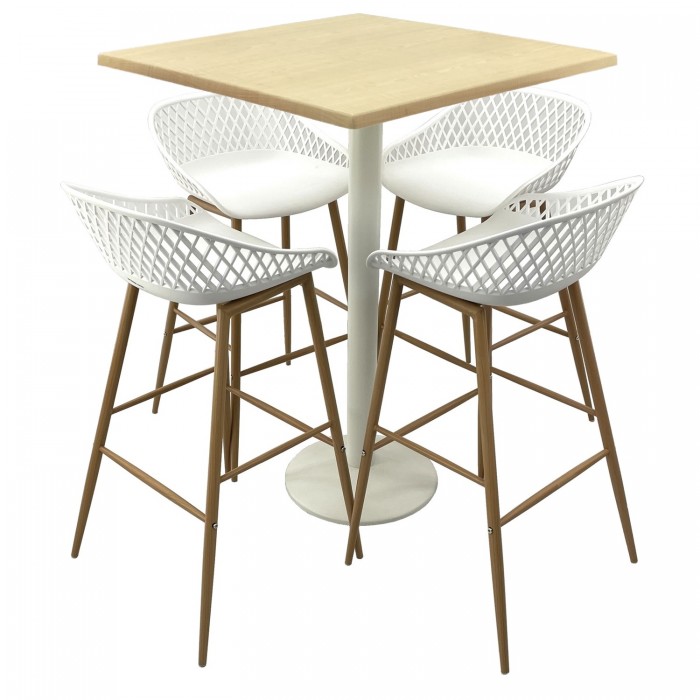 Set mobilier bar RAKI MAPLE, 4 scaune Toyama albe si masa inalta patrata 80x80xh112cm cu blat werzalit si baza metalica alba