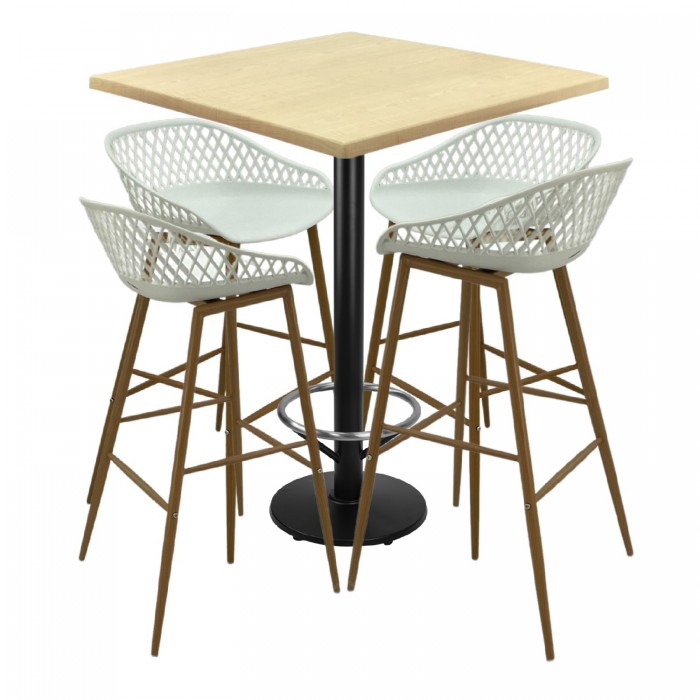 Set mobilier bar RAKI MAPLE, 4 scaune Toyama albe si masa inalta patrata 80x80xh112cm cu blat werzalit si baza neagra metalica