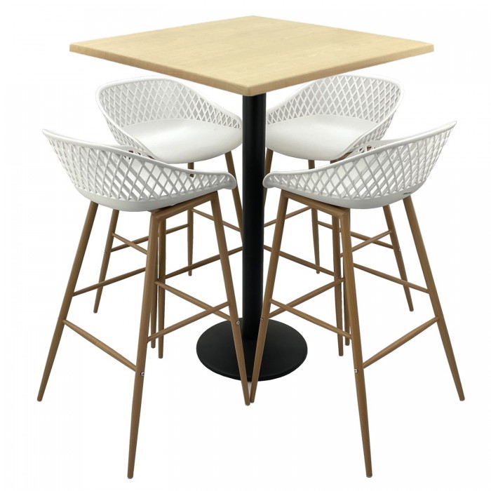 Set mobilier bar RAKI MAPLE, 4 scaune Toyama albe si masa inalta patrata 80x80xh112cm cu blat werzalit si picior metalic negru