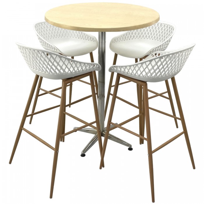 Set mobilier bar RAKI MAPLE, 4 scaune Toyama albe si masa inalta rotunda D80xh107cm cu blat werzalit si picior metalic cromat