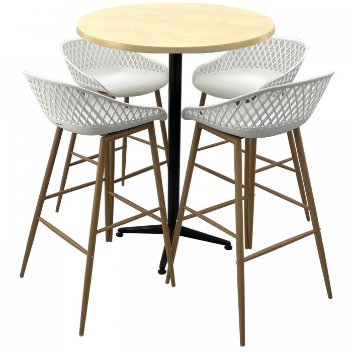 Set mobilier bar RAKI MAPLE, 4 scaune Toyama albe si masa inalta rotunda D80xh107cm cu blat werzalit si picior metalic negru