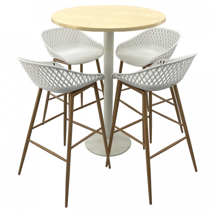 Set mobilier bar RAKI MAPLE, 4 scaune Toyama albe si masa inalta rotunda D80xh112cm cu blat werzalit si baza metalica alba