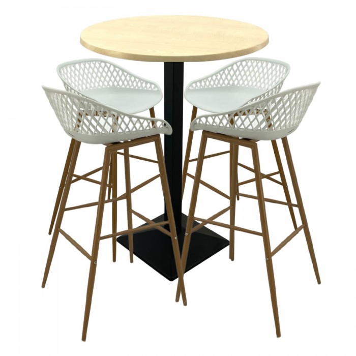Set mobilier bar RAKI MAPLE, 4 scaune Toyama albe si masa inalta rotunda D80xh112cm cu blat werzalit si baza metalica neagra